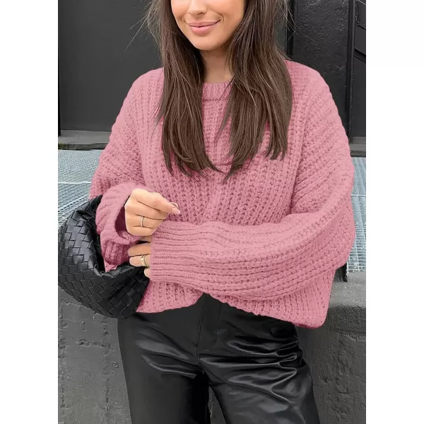 imagePRETTYGARDEN Womens Fall Sweaters Casual Long Sleeve Pullover Crewneck Ribbed Knit Jumper Tops Plain BlousePink