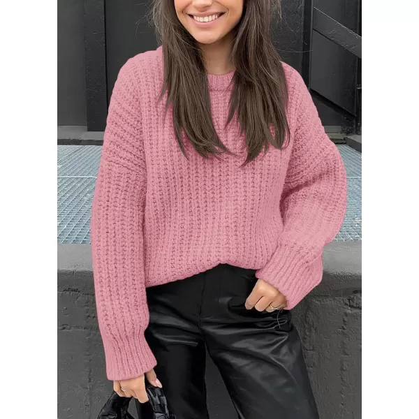 imagePRETTYGARDEN Womens Fall Sweaters Casual Long Sleeve Pullover Crewneck Ribbed Knit Jumper Tops Plain BlousePink