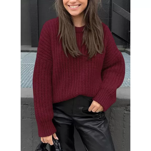 imagePRETTYGARDEN Womens Fall Sweaters Casual Long Sleeve Pullover Crewneck Ribbed Knit Jumper Tops Plain BlouseWine Red