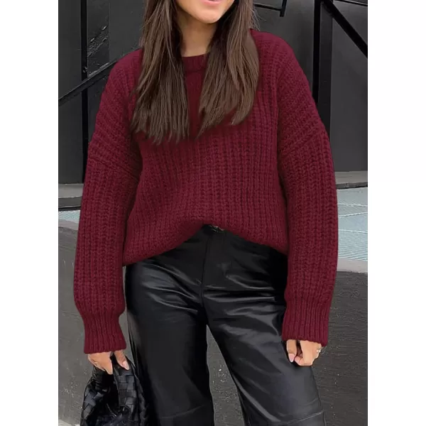 imagePRETTYGARDEN Womens Fall Sweaters Casual Long Sleeve Pullover Crewneck Ribbed Knit Jumper Tops Plain BlouseWine Red