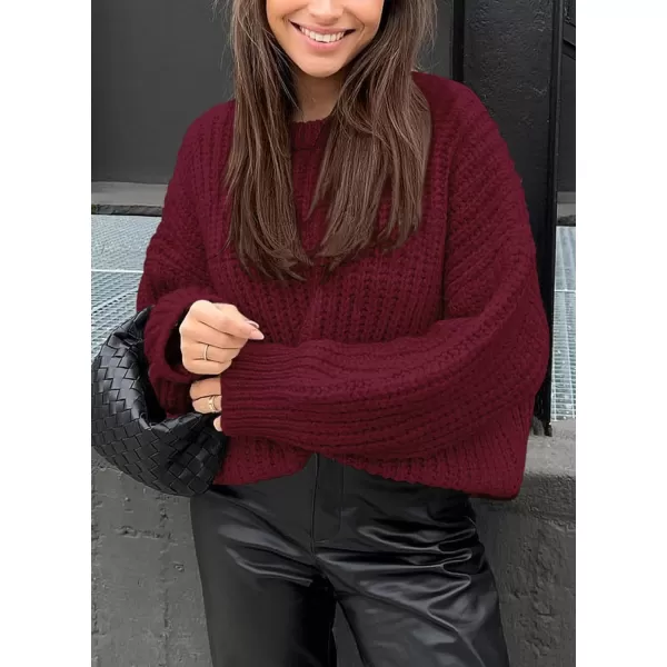 imagePRETTYGARDEN Womens Fall Sweaters Casual Long Sleeve Pullover Crewneck Ribbed Knit Jumper Tops Plain BlouseWine Red