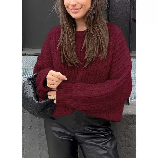 imagePRETTYGARDEN Womens Fall Sweaters Casual Long Sleeve Pullover Crewneck Ribbed Knit Jumper Tops Plain BlouseWine Red