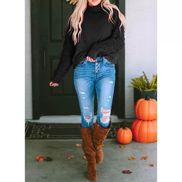 imagePRETTYGARDEN Womens Fall Turtleneck Sweaters Casual Long Sleeve Pullover Ribbed Knit Sweater Top BlouseBlack