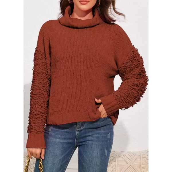 imagePRETTYGARDEN Womens Fall Turtleneck Sweaters Casual Long Sleeve Pullover Ribbed Knit Sweater Top BlouseBrown