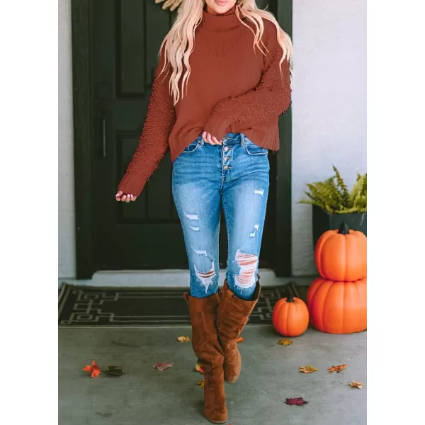 imagePRETTYGARDEN Womens Fall Turtleneck Sweaters Casual Long Sleeve Pullover Ribbed Knit Sweater Top BlouseBrown