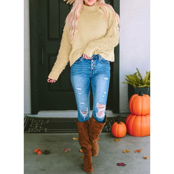 imagePRETTYGARDEN Womens Fall Turtleneck Sweaters Casual Long Sleeve Pullover Ribbed Knit Sweater Top BlouseKhaki
