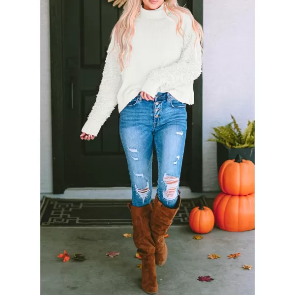 imagePRETTYGARDEN Womens Fall Turtleneck Sweaters Casual Long Sleeve Pullover Ribbed Knit Sweater Top BlouseWhite