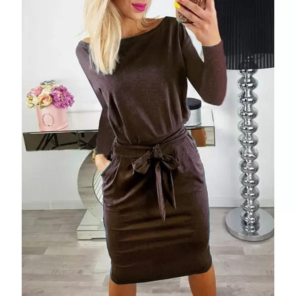 imagePRETTYGARDEN Womens Fashion Casual Long Sleeve Belted Party Bodycon Sheath Pencil DressCoffee