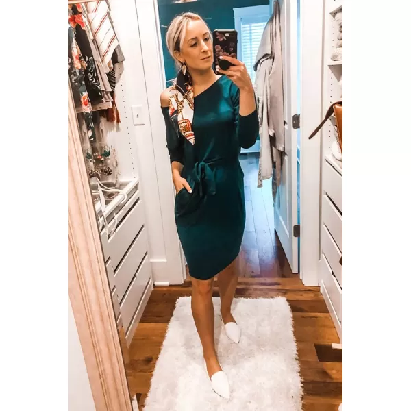 imagePRETTYGARDEN Womens Fashion Casual Long Sleeve Belted Party Bodycon Sheath Pencil DressDark Green