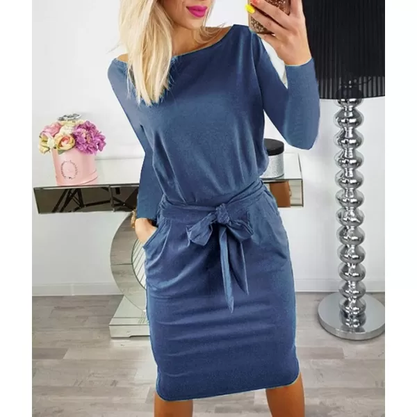 imagePRETTYGARDEN Womens Fashion Casual Long Sleeve Belted Party Bodycon Sheath Pencil DressDenim Blue