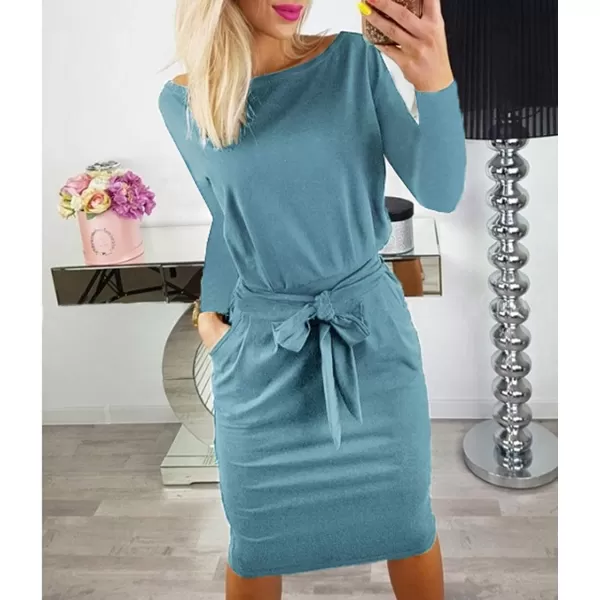 imagePRETTYGARDEN Womens Fashion Casual Long Sleeve Belted Party Bodycon Sheath Pencil DressGrey Blue