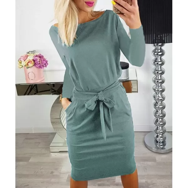 imagePRETTYGARDEN Womens Fashion Casual Long Sleeve Belted Party Bodycon Sheath Pencil DressGrey Green