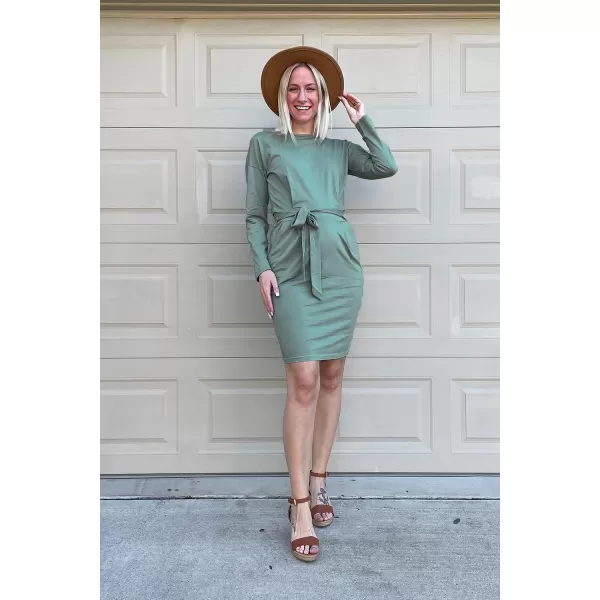 imagePRETTYGARDEN Womens Fashion Casual Long Sleeve Belted Party Bodycon Sheath Pencil DressGrey Green
