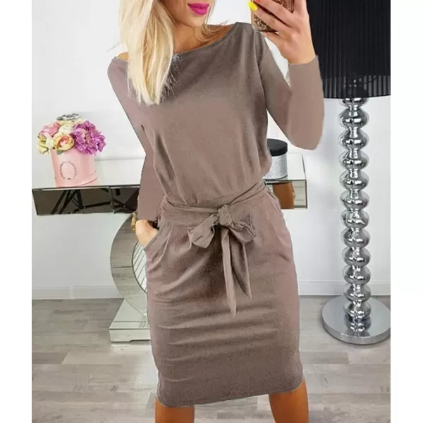 imagePRETTYGARDEN Womens Fashion Casual Long Sleeve Belted Party Bodycon Sheath Pencil DressKhaki