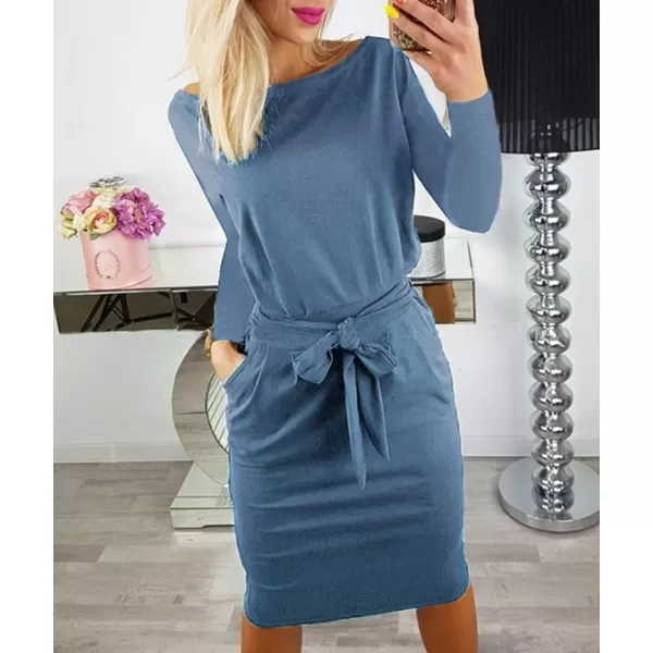 imagePRETTYGARDEN Womens Fashion Casual Long Sleeve Belted Party Bodycon Sheath Pencil DressLight Blue