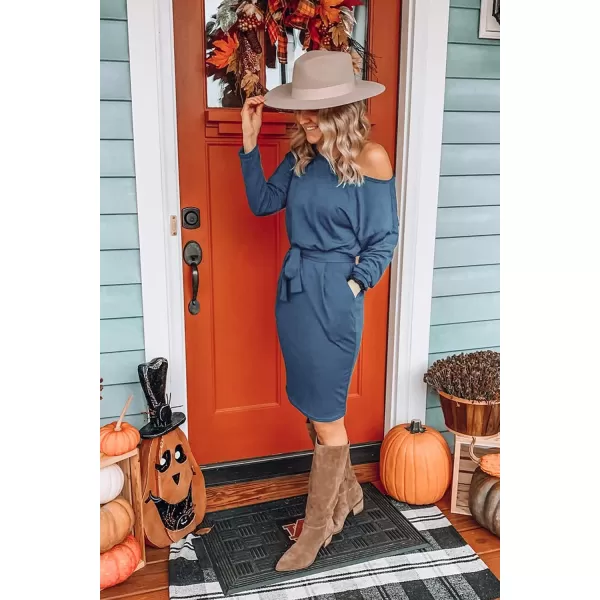 imagePRETTYGARDEN Womens Fashion Casual Long Sleeve Belted Party Bodycon Sheath Pencil DressLight Blue
