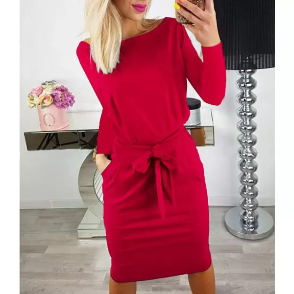 imagePRETTYGARDEN Womens Fashion Casual Long Sleeve Belted Party Bodycon Sheath Pencil DressRed