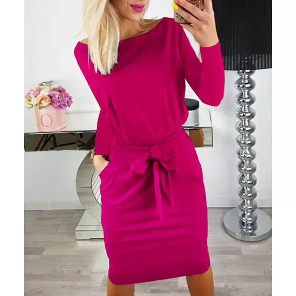 imagePRETTYGARDEN Womens Fashion Casual Long Sleeve Belted Party Bodycon Sheath Pencil DressRose Red