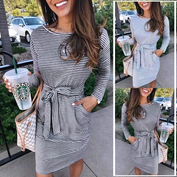 imagePRETTYGARDEN Womens Fashion Casual Long Sleeve Belted Party Bodycon Sheath Pencil DressStripe Dark Grey