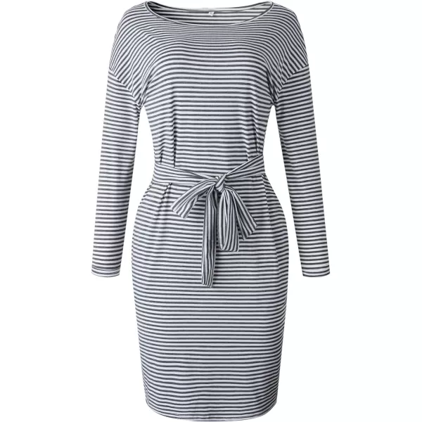 imagePRETTYGARDEN Womens Fashion Casual Long Sleeve Belted Party Bodycon Sheath Pencil DressStripe Dark Grey