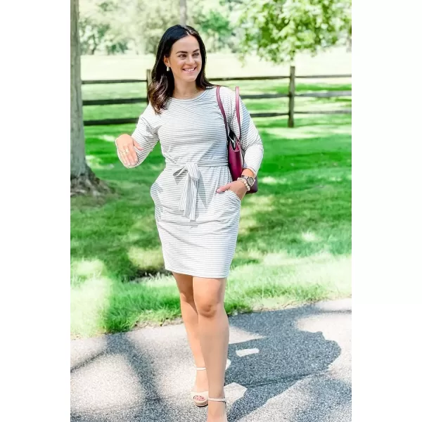 imagePRETTYGARDEN Womens Fashion Casual Long Sleeve Belted Party Bodycon Sheath Pencil DressStripe Green