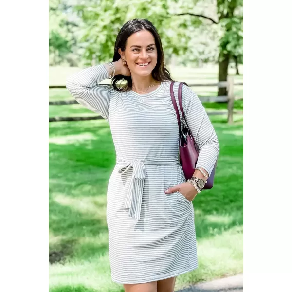 imagePRETTYGARDEN Womens Fashion Casual Long Sleeve Belted Party Bodycon Sheath Pencil DressStripe Green