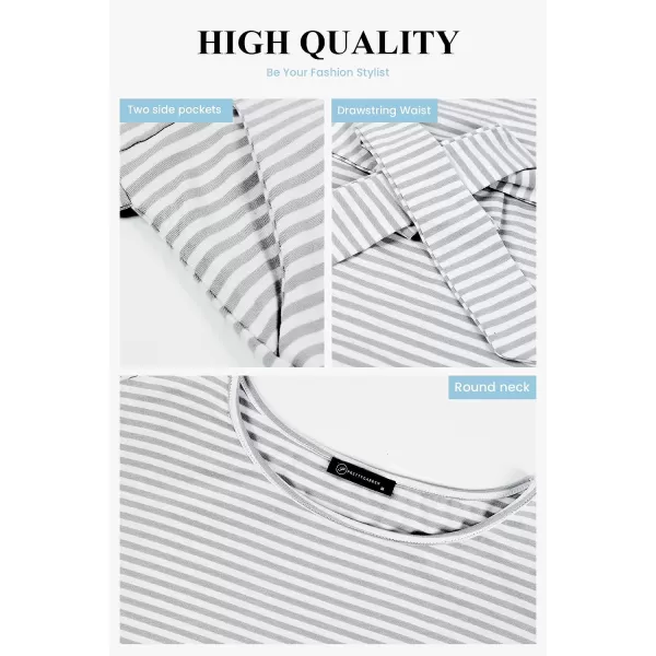 imagePRETTYGARDEN Womens Fashion Casual Long Sleeve Belted Party Bodycon Sheath Pencil DressStripe Light Grey