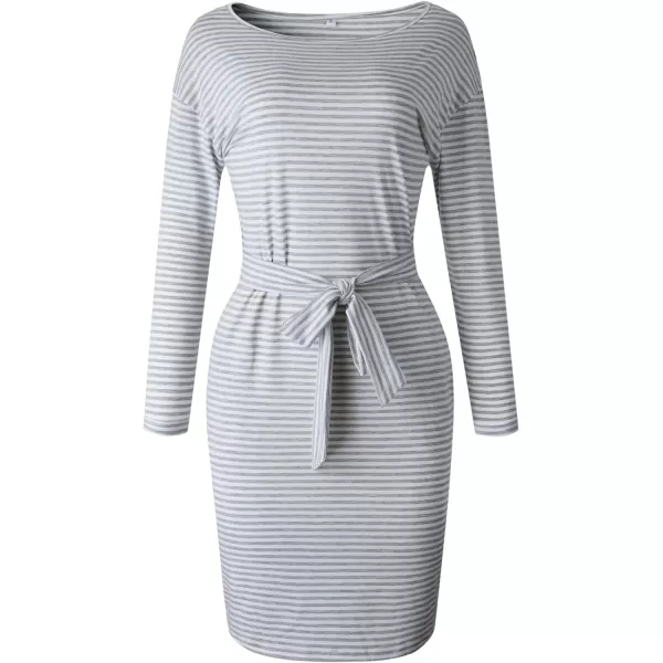 imagePRETTYGARDEN Womens Fashion Casual Long Sleeve Belted Party Bodycon Sheath Pencil DressStripe Light Grey
