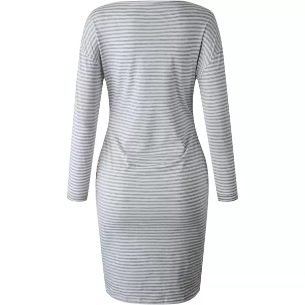 imagePRETTYGARDEN Womens Fashion Casual Long Sleeve Belted Party Bodycon Sheath Pencil DressStripe Light Grey