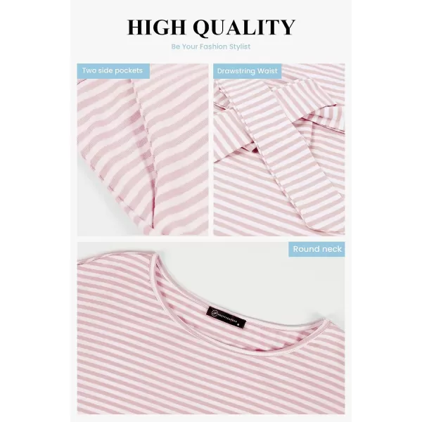 imagePRETTYGARDEN Womens Fashion Casual Long Sleeve Belted Party Bodycon Sheath Pencil DressStripe Pink
