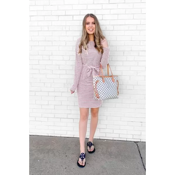 imagePRETTYGARDEN Womens Fashion Casual Long Sleeve Belted Party Bodycon Sheath Pencil DressStripe Pink