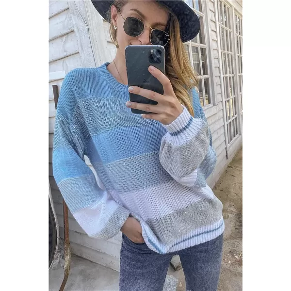 imagePRETTYGARDEN Womens Fashion Long Sleeve Striped Color Block Knitted Sweater Crew Neck Loose Pullover Jumper TopsBlue