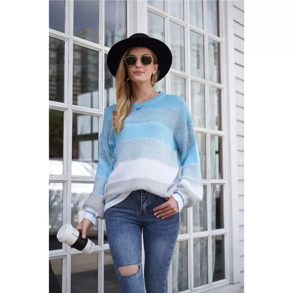 imagePRETTYGARDEN Womens Fashion Long Sleeve Striped Color Block Knitted Sweater Crew Neck Loose Pullover Jumper TopsBlue