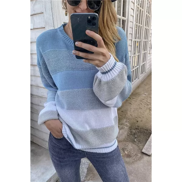 imagePRETTYGARDEN Womens Fashion Long Sleeve Striped Color Block Knitted Sweater Crew Neck Loose Pullover Jumper TopsBlue