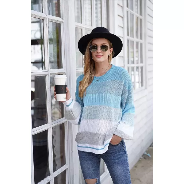 imagePRETTYGARDEN Womens Fashion Long Sleeve Striped Color Block Knitted Sweater Crew Neck Loose Pullover Jumper TopsBlue