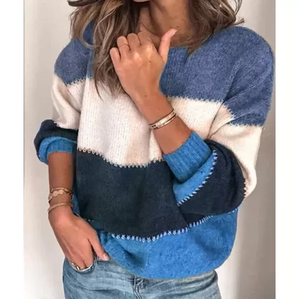 imagePRETTYGARDEN Womens Fashion Long Sleeve Striped Color Block Knitted Sweater Crew Neck Loose Pullover Jumper TopsMulti Blue