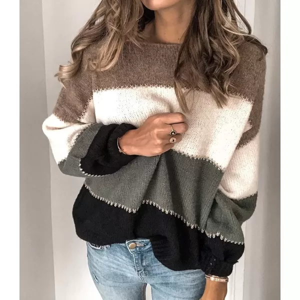 imagePRETTYGARDEN Womens Fashion Long Sleeve Striped Color Block Knitted Sweater Crew Neck Loose Pullover Jumper TopsMulti Grey