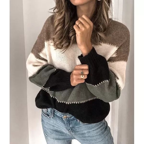 imagePRETTYGARDEN Womens Fashion Long Sleeve Striped Color Block Knitted Sweater Crew Neck Loose Pullover Jumper TopsMulti Grey