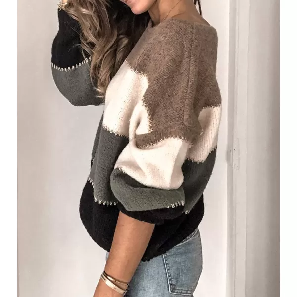 imagePRETTYGARDEN Womens Fashion Long Sleeve Striped Color Block Knitted Sweater Crew Neck Loose Pullover Jumper TopsMulti Grey