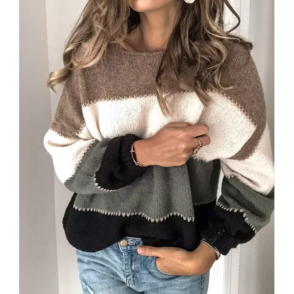 imagePRETTYGARDEN Womens Fashion Long Sleeve Striped Color Block Knitted Sweater Crew Neck Loose Pullover Jumper TopsMulti Grey