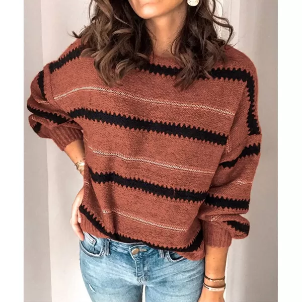 imagePRETTYGARDEN Womens Fashion Long Sleeve Striped Color Block Knitted Sweater Crew Neck Loose Pullover Jumper TopsNarrow Striped Brick Red