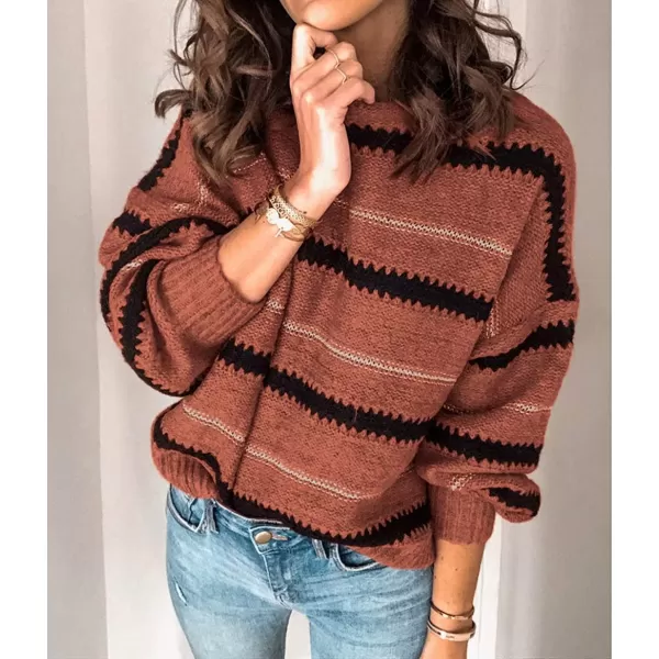 imagePRETTYGARDEN Womens Fashion Long Sleeve Striped Color Block Knitted Sweater Crew Neck Loose Pullover Jumper TopsNarrow Striped Brick Red