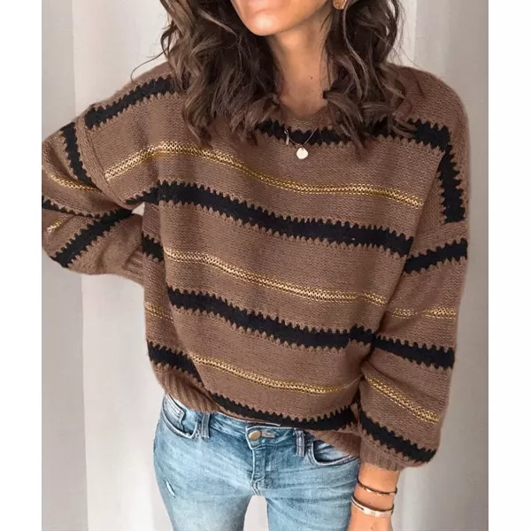 imagePRETTYGARDEN Womens Fashion Long Sleeve Striped Color Block Knitted Sweater Crew Neck Loose Pullover Jumper TopsNarrow Striped Brown