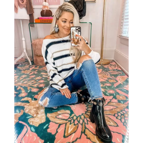 imagePRETTYGARDEN Womens Fashion Long Sleeve Striped Color Block Knitted Sweater Crew Neck Loose Pullover Jumper TopsNarrow Striped White
