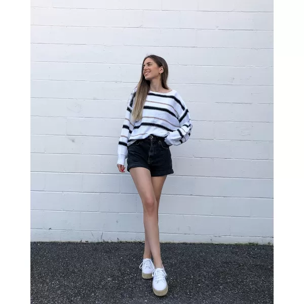 imagePRETTYGARDEN Womens Fashion Long Sleeve Striped Color Block Knitted Sweater Crew Neck Loose Pullover Jumper TopsNarrow Striped White