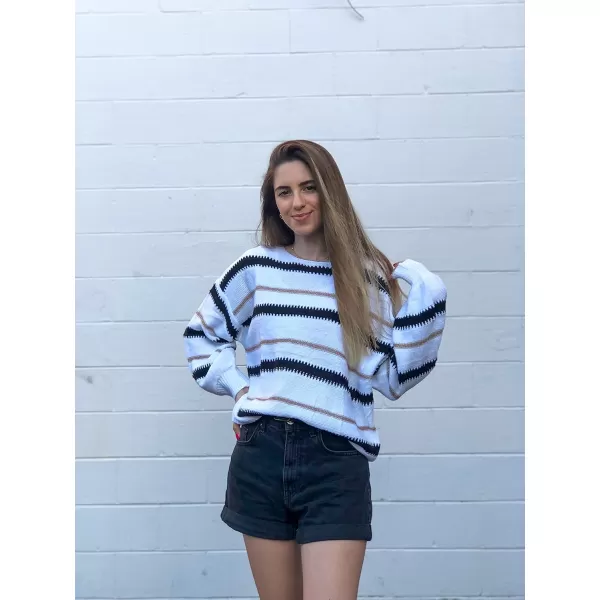 imagePRETTYGARDEN Womens Fashion Long Sleeve Striped Color Block Knitted Sweater Crew Neck Loose Pullover Jumper TopsNarrow Striped White