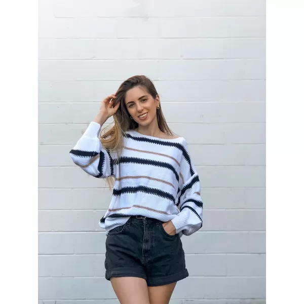 imagePRETTYGARDEN Womens Fashion Long Sleeve Striped Color Block Knitted Sweater Crew Neck Loose Pullover Jumper TopsNarrow Striped White