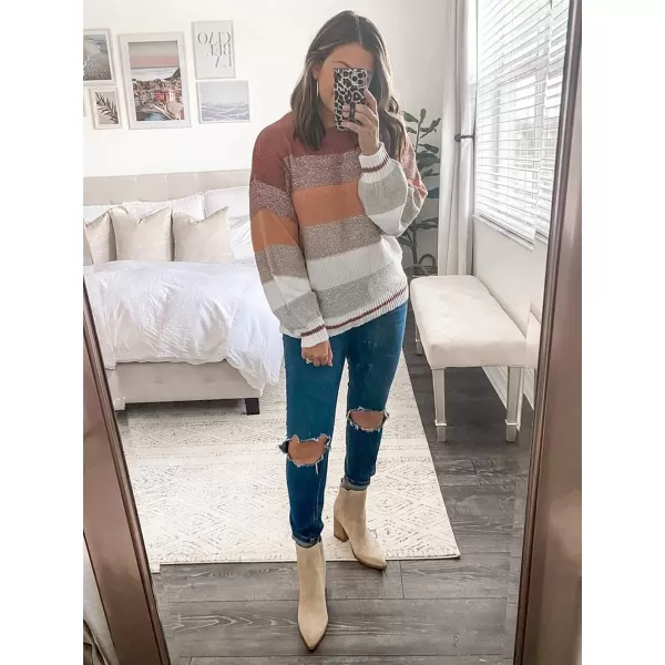 imagePRETTYGARDEN Womens Fashion Long Sleeve Striped Color Block Knitted Sweater Crew Neck Loose Pullover Jumper TopsPink