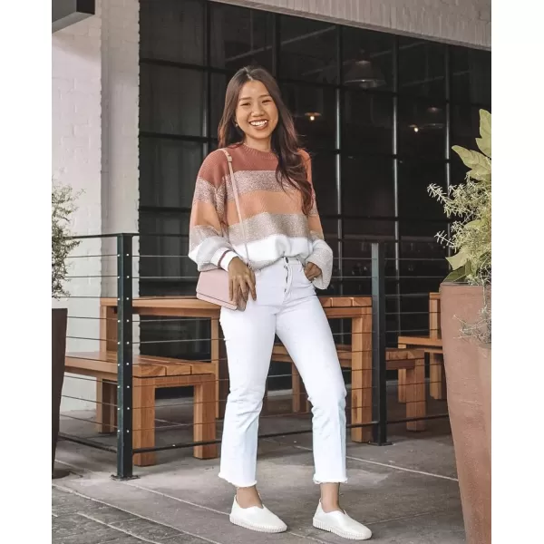imagePRETTYGARDEN Womens Fashion Long Sleeve Striped Color Block Knitted Sweater Crew Neck Loose Pullover Jumper TopsPink