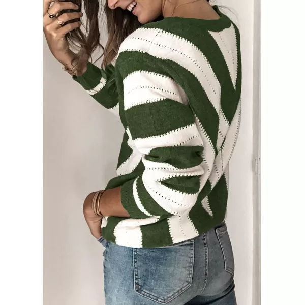 imagePRETTYGARDEN Womens Fashion Long Sleeve Striped Color Block Knitted Sweater Crew Neck Loose Pullover Jumper TopsStriped Army Green